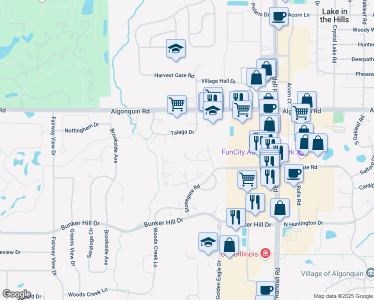 map of restaurants, bars, coffee shops, grocery stores, and more near 46 Kelsey Court in Algonquin