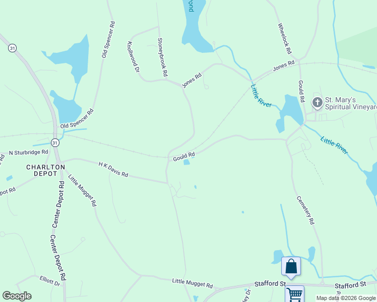 map of restaurants, bars, coffee shops, grocery stores, and more near 6 Gould Road in Charlton