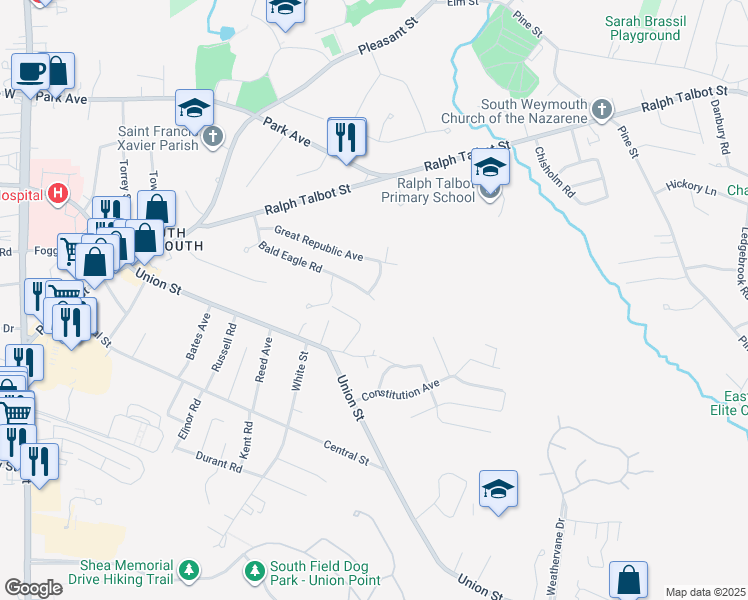 map of restaurants, bars, coffee shops, grocery stores, and more near 230 Bald Eagle Road in Weymouth