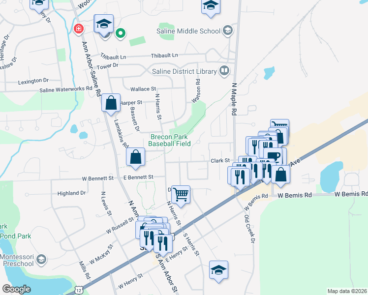 map of restaurants, bars, coffee shops, grocery stores, and more near 452 Park Place in Saline