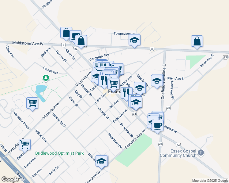 map of restaurants, bars, coffee shops, grocery stores, and more near in Essex