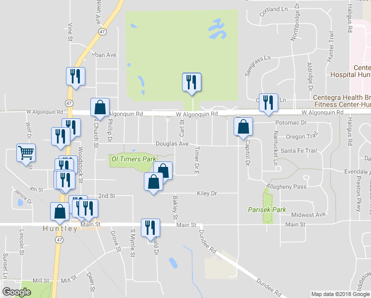 map of restaurants, bars, coffee shops, grocery stores, and more near 11309 Douglas Avenue in Huntley