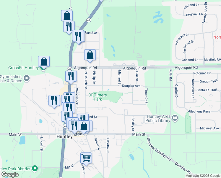 map of restaurants, bars, coffee shops, grocery stores, and more near 10700 North Church Street in Huntley