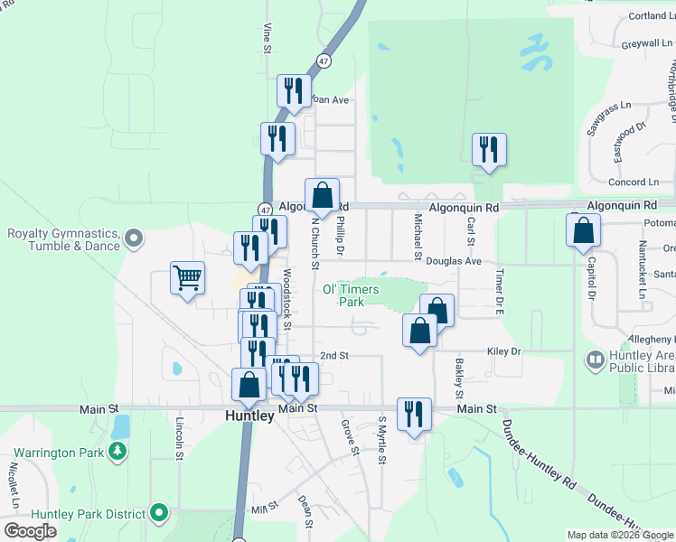 map of restaurants, bars, coffee shops, grocery stores, and more near 11607 Douglas Avenue in Huntley
