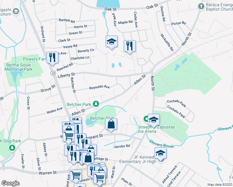 map of restaurants, bars, coffee shops, grocery stores, and more near 8 Dennis Circle in Randolph