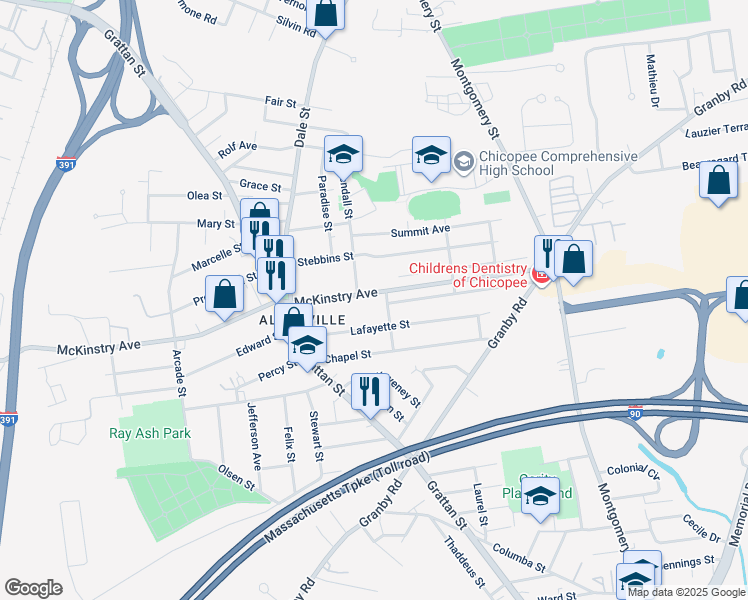 map of restaurants, bars, coffee shops, grocery stores, and more near 70 Lafayette Street in Chicopee