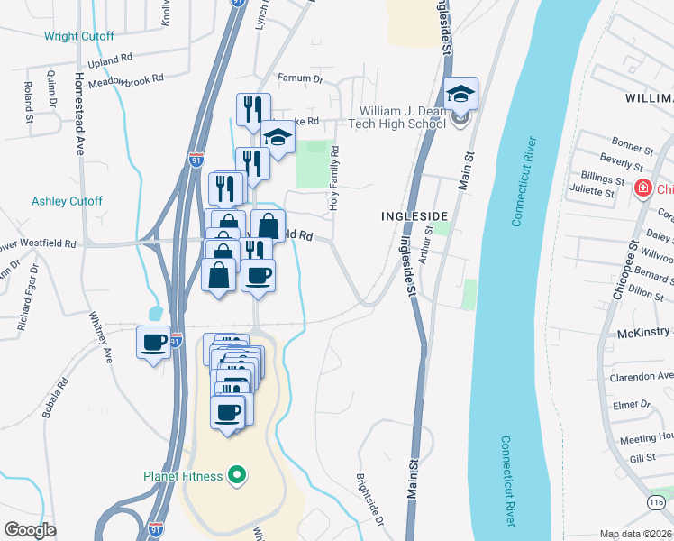 map of restaurants, bars, coffee shops, grocery stores, and more near 44 Lower Westfield Road in Holyoke