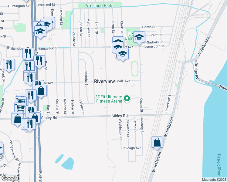 map of restaurants, bars, coffee shops, grocery stores, and more near 12556-12698 Nixon Avenue in Riverview