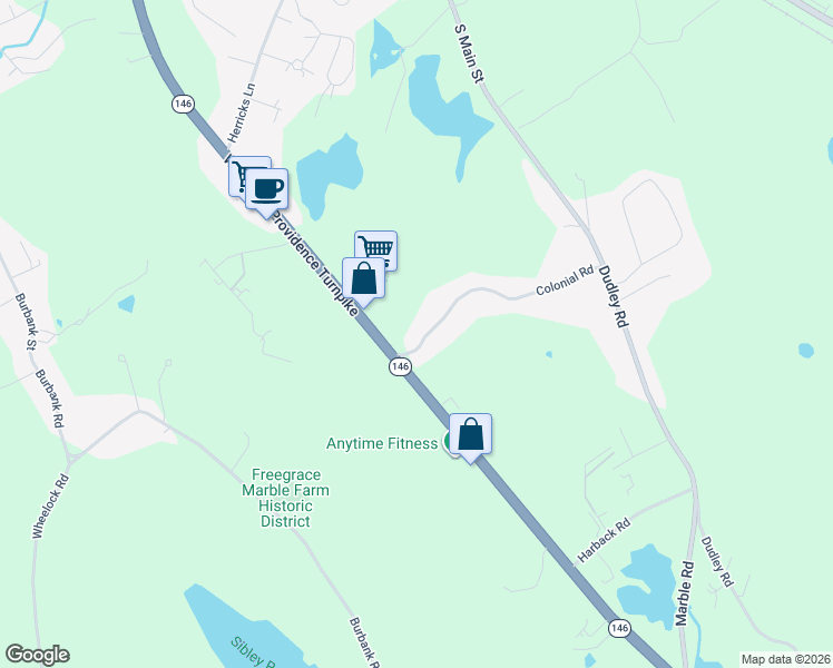 map of restaurants, bars, coffee shops, grocery stores, and more near 42 Massachusetts 146 in Sutton