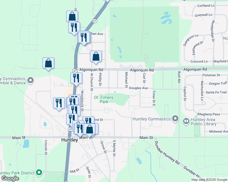 map of restaurants, bars, coffee shops, grocery stores, and more near 11513 Douglas Avenue in Huntley
