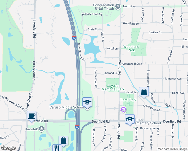 map of restaurants, bars, coffee shops, grocery stores, and more near 1028 Castlewood Lane in Deerfield