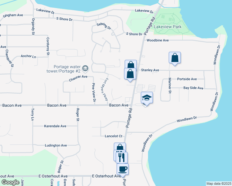 map of restaurants, bars, coffee shops, grocery stores, and more near 1525 Bacon Avenue in Portage
