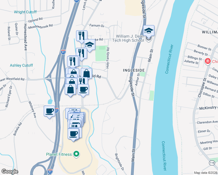 map of restaurants, bars, coffee shops, grocery stores, and more near 44 Lower Westfield Road in Holyoke