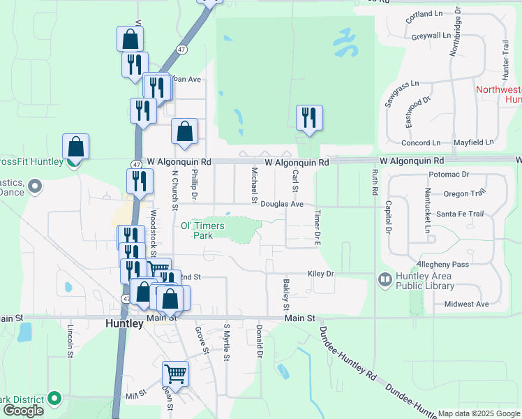 map of restaurants, bars, coffee shops, grocery stores, and more near 11409 Douglas Avenue in Huntley
