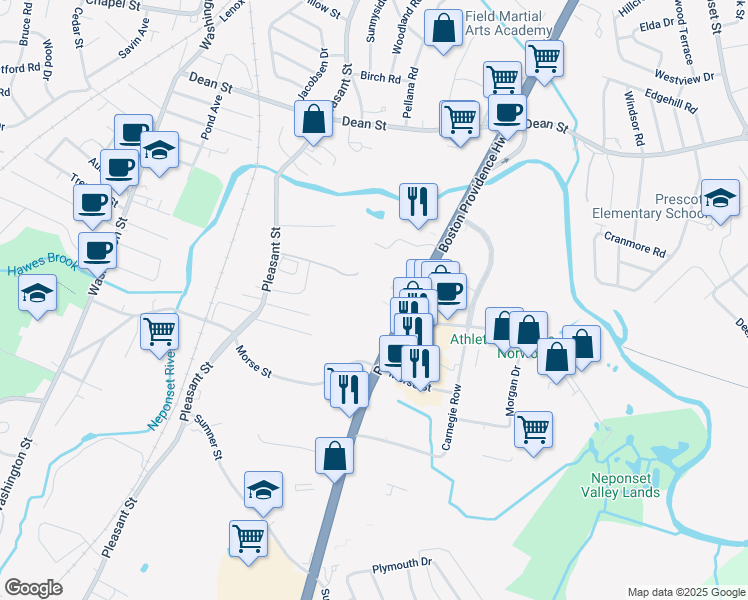 map of restaurants, bars, coffee shops, grocery stores, and more near 1175 Boston-Providence Turnpike in Norwood