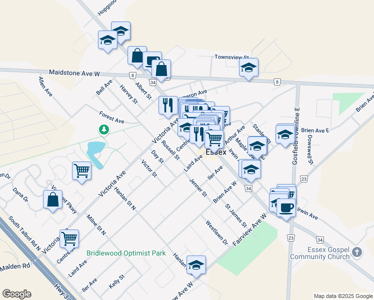 map of restaurants, bars, coffee shops, grocery stores, and more near 26 Alice Street North in Essex