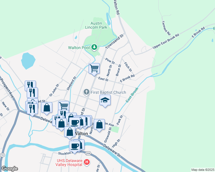 map of restaurants, bars, coffee shops, grocery stores, and more near 60-64 East Street in Walton