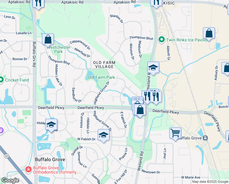 map of restaurants, bars, coffee shops, grocery stores, and more near 1221 South Wellington Court in Buffalo Grove