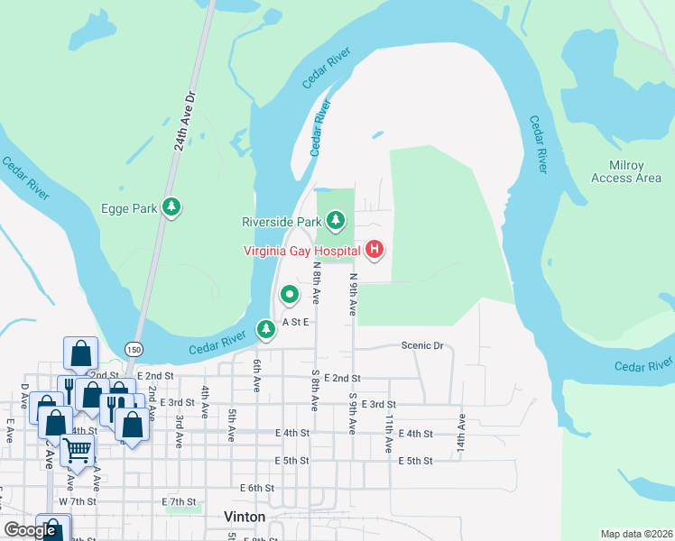 map of restaurants, bars, coffee shops, grocery stores, and more near 801-899 Park Drive in Vinton