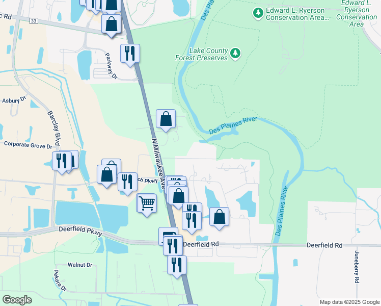 map of restaurants, bars, coffee shops, grocery stores, and more near 21423 Illinois 21 in Buffalo Grove