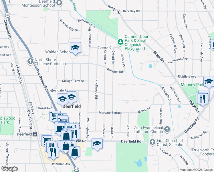 map of restaurants, bars, coffee shops, grocery stores, and more near 1146 Oxford Road in Deerfield