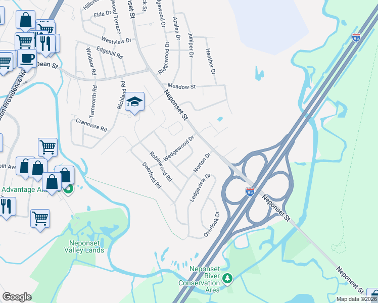 map of restaurants, bars, coffee shops, grocery stores, and more near 91 Wedgewood Drive in Norwood