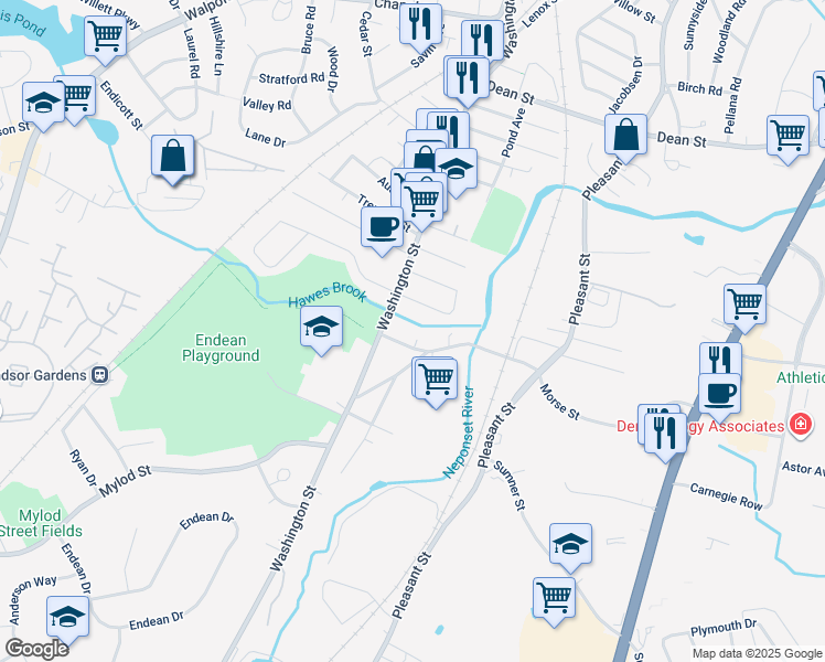 map of restaurants, bars, coffee shops, grocery stores, and more near 33 Saint Paul Avenue in Norwood