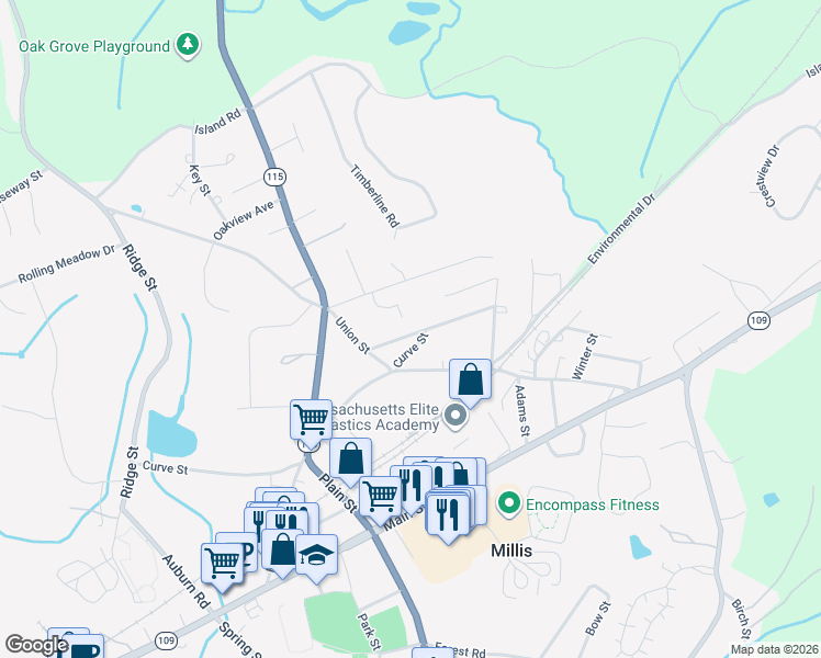 map of restaurants, bars, coffee shops, grocery stores, and more near 6 Tuckerdale Way in Millis