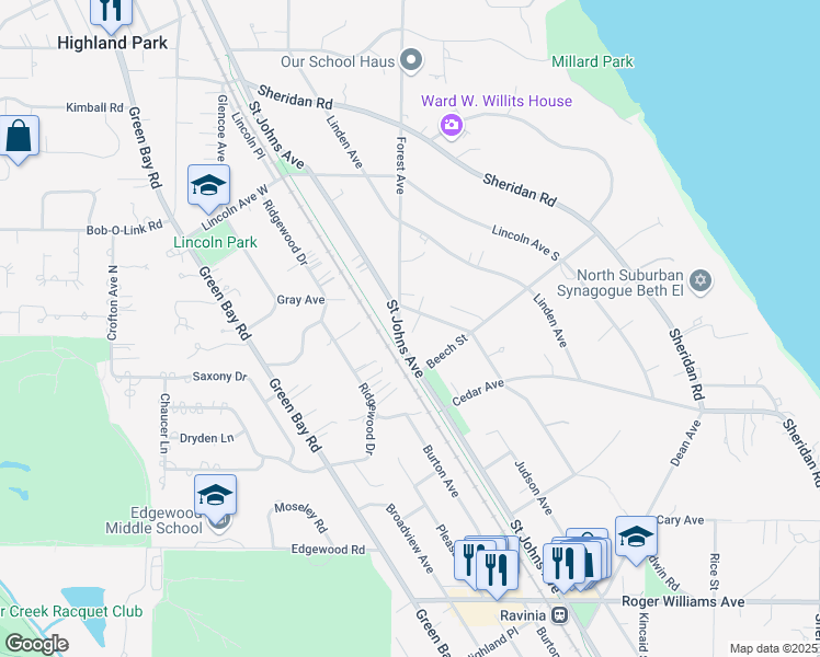 map of restaurants, bars, coffee shops, grocery stores, and more near 1187 Wade Street in Highland Park