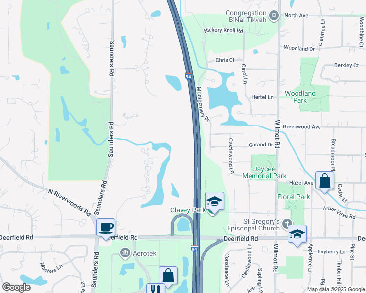 map of restaurants, bars, coffee shops, grocery stores, and more near 1583 East Course Drive in Riverwoods
