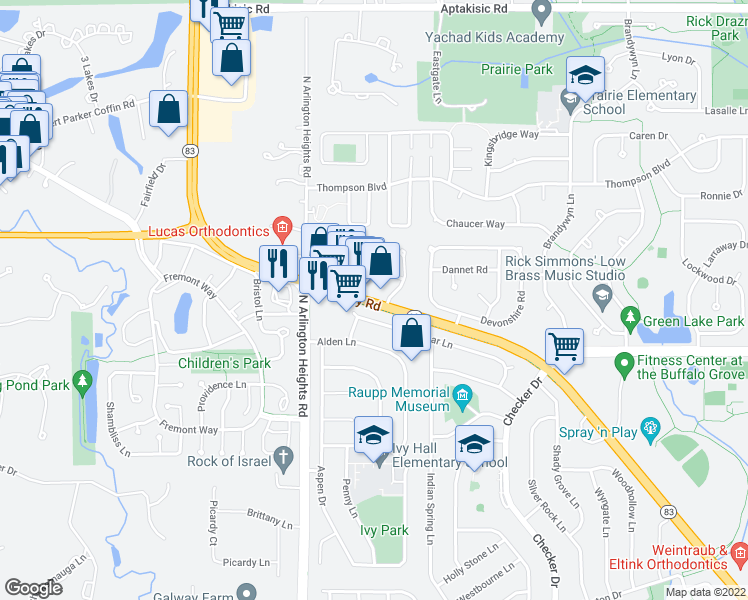 map of restaurants, bars, coffee shops, grocery stores, and more near 1155 Old McHenry Road in Buffalo Grove