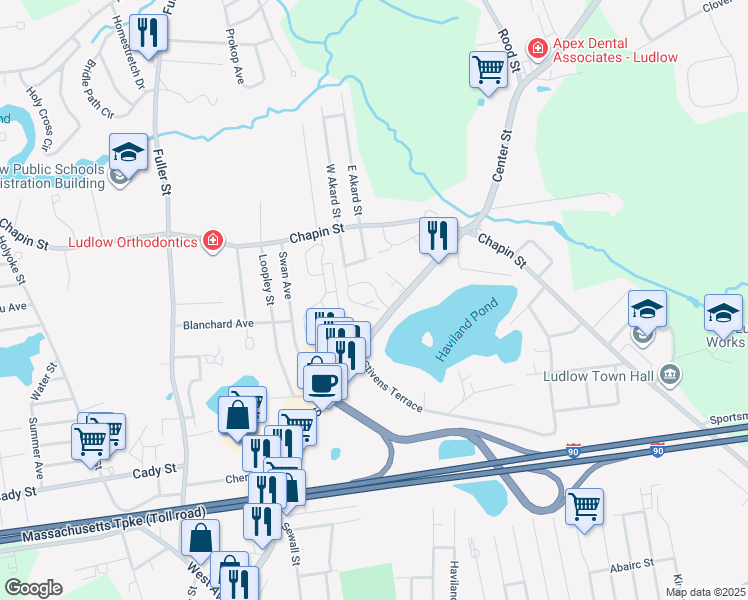 map of restaurants, bars, coffee shops, grocery stores, and more near Ideal Lane in Ludlow