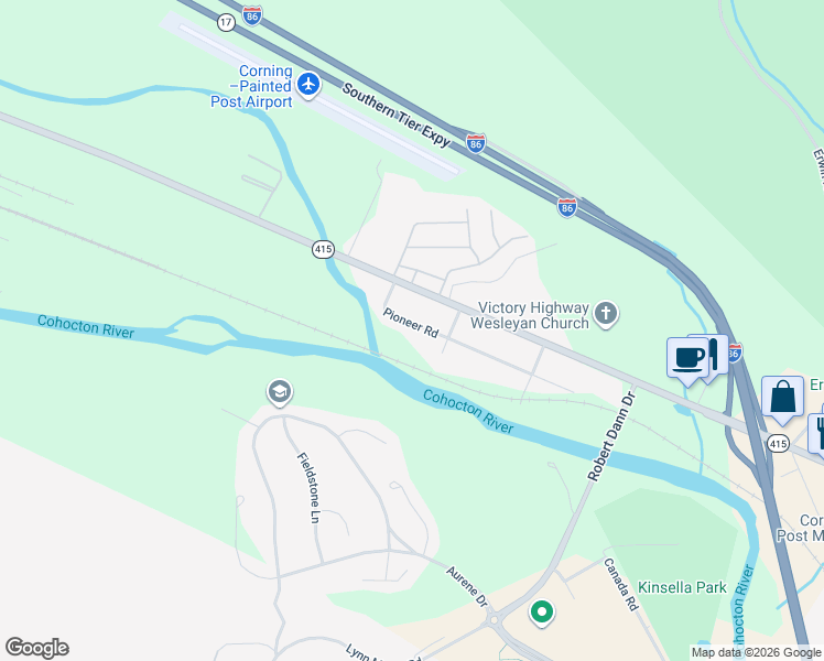 map of restaurants, bars, coffee shops, grocery stores, and more near 310 Pioneer Road in Painted Post
