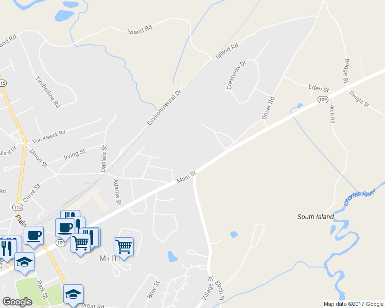 map of restaurants, bars, coffee shops, grocery stores, and more near 96 Cottage Avenue in Millis