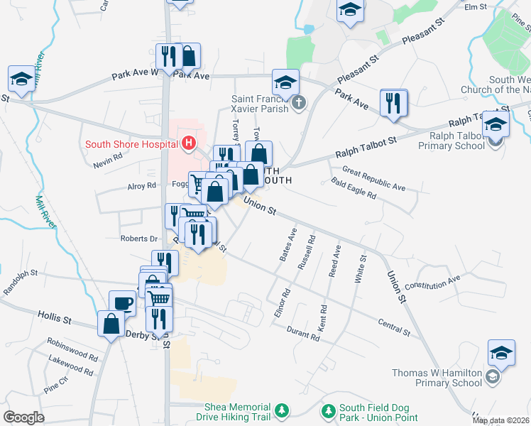 map of restaurants, bars, coffee shops, grocery stores, and more near 22 Union Street in Weymouth
