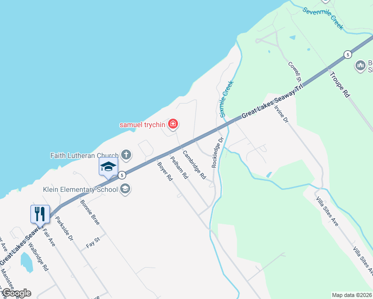 map of restaurants, bars, coffee shops, grocery stores, and more near 5607 East Lake Road in Erie