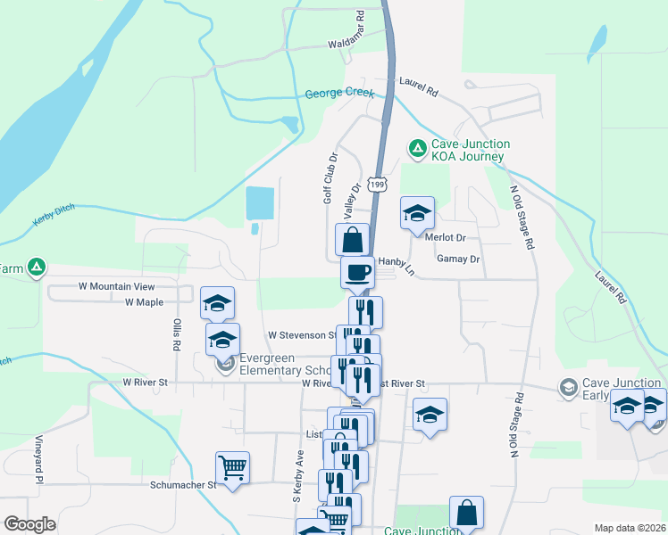 map of restaurants, bars, coffee shops, grocery stores, and more near Green Valley Dr in Cave Junction