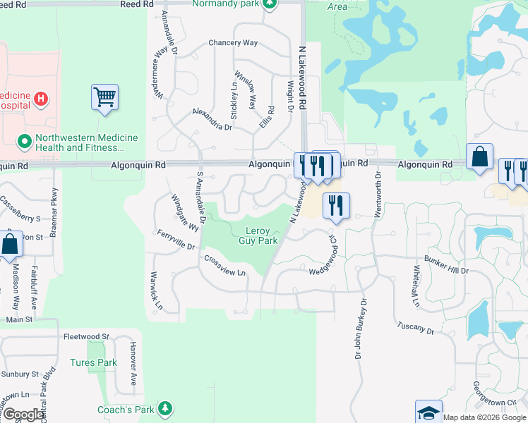 map of restaurants, bars, coffee shops, grocery stores, and more near 5358 Lansbury Circle in Lake in the Hills