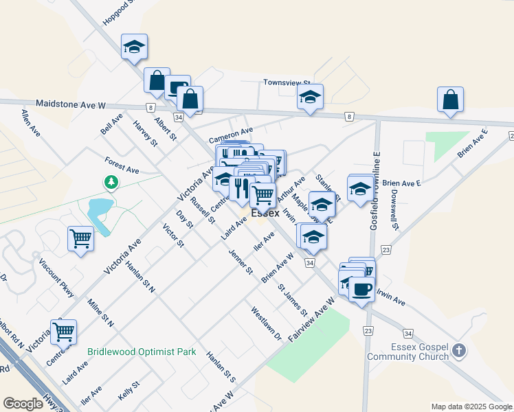 map of restaurants, bars, coffee shops, grocery stores, and more near 17 Talbot Street North in Essex