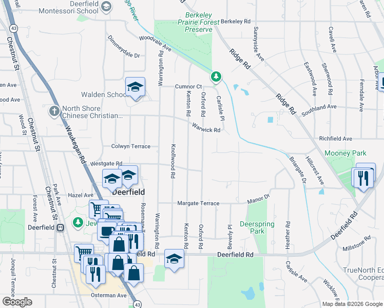 map of restaurants, bars, coffee shops, grocery stores, and more near 1146 Oxford Road in Deerfield