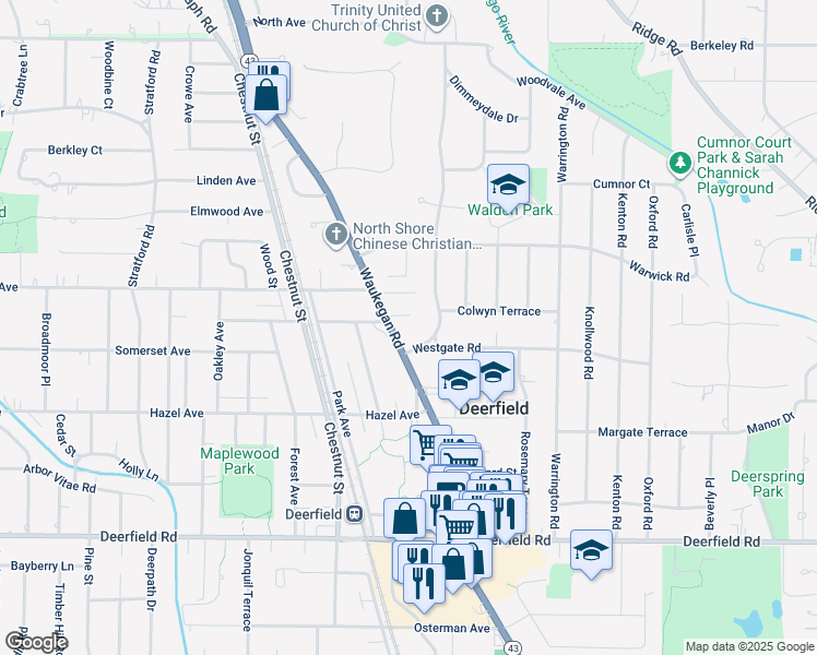 map of restaurants, bars, coffee shops, grocery stores, and more near 1143 Waukegan Road in Deerfield