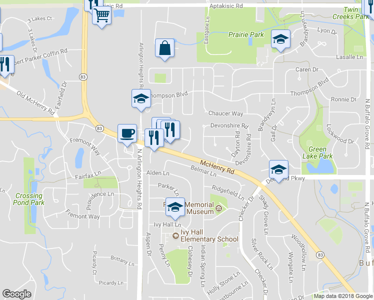 map of restaurants, bars, coffee shops, grocery stores, and more near 1203 Ranchview Court in Buffalo Grove