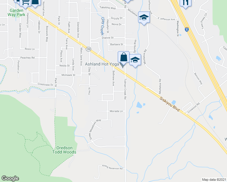 map of restaurants, bars, coffee shops, grocery stores, and more near Bellview Avenue in Ashland