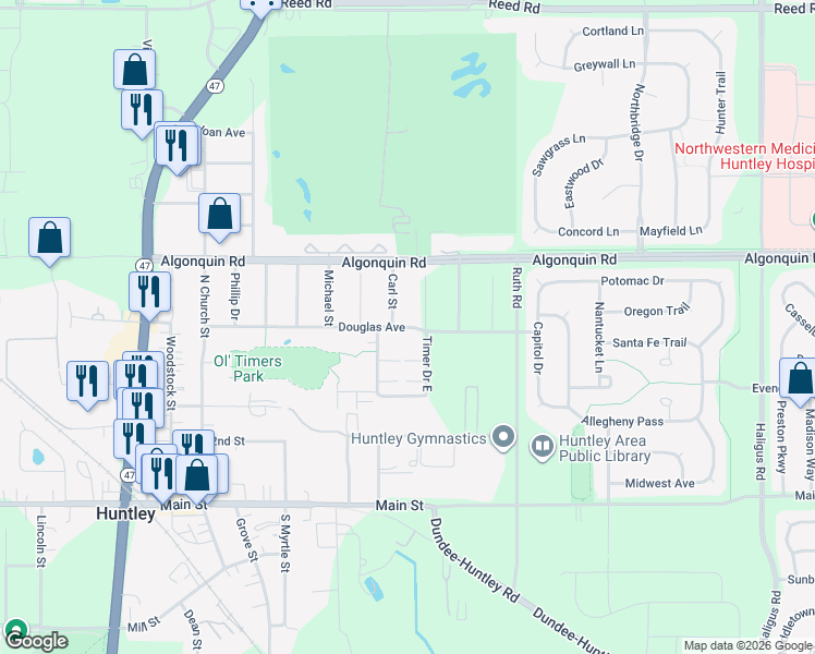 map of restaurants, bars, coffee shops, grocery stores, and more near 10616 Carl Street in Huntley