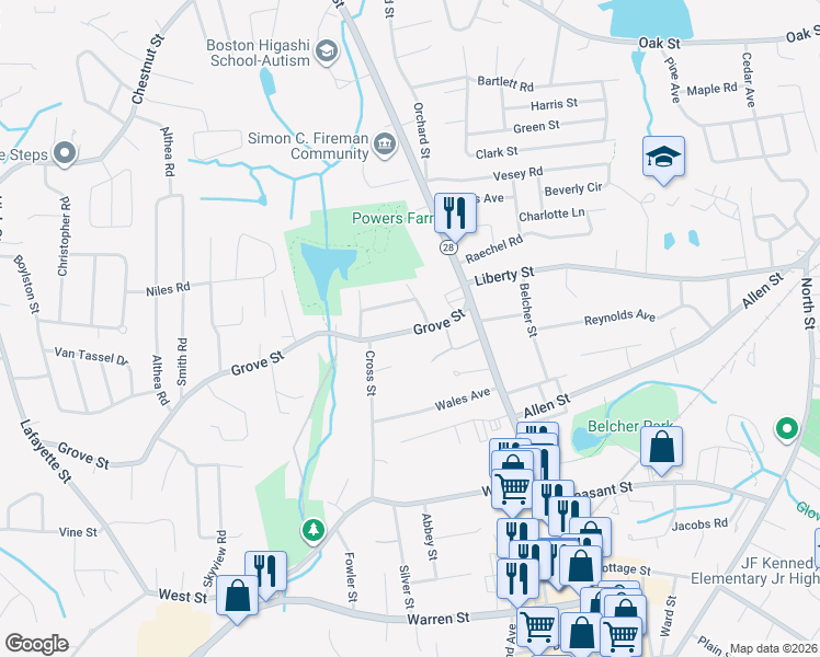 map of restaurants, bars, coffee shops, grocery stores, and more near in Randolph