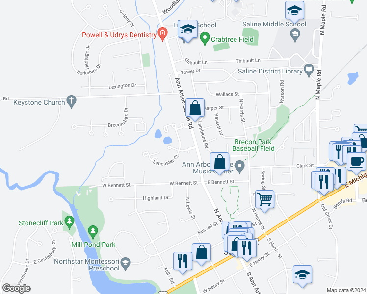 map of restaurants, bars, coffee shops, grocery stores, and more near 420 Lancaster Court in Saline