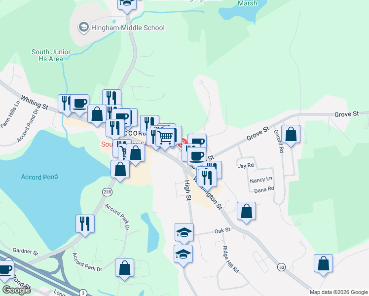 map of restaurants, bars, coffee shops, grocery stores, and more near 75 Washington Street in Norwell