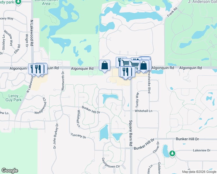 map of restaurants, bars, coffee shops, grocery stores, and more near 4181 Whitehall Lane in Algonquin