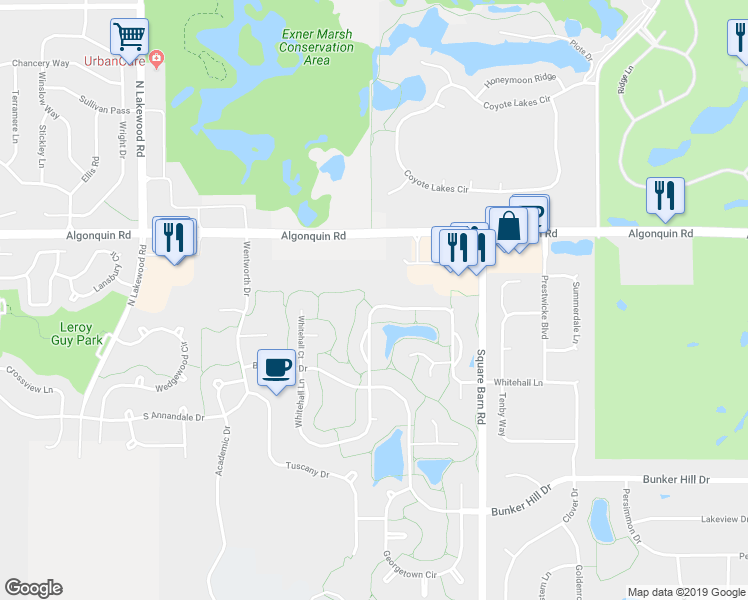 map of restaurants, bars, coffee shops, grocery stores, and more near 4221 Whitehall Lane in Algonquin