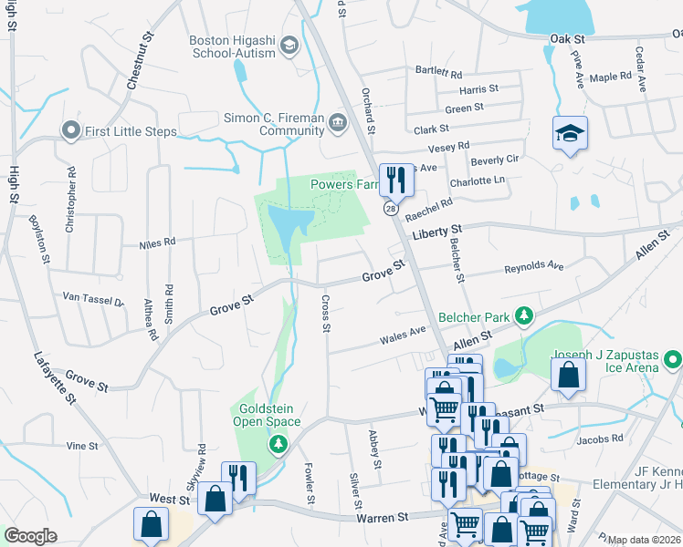 map of restaurants, bars, coffee shops, grocery stores, and more near in Randolph